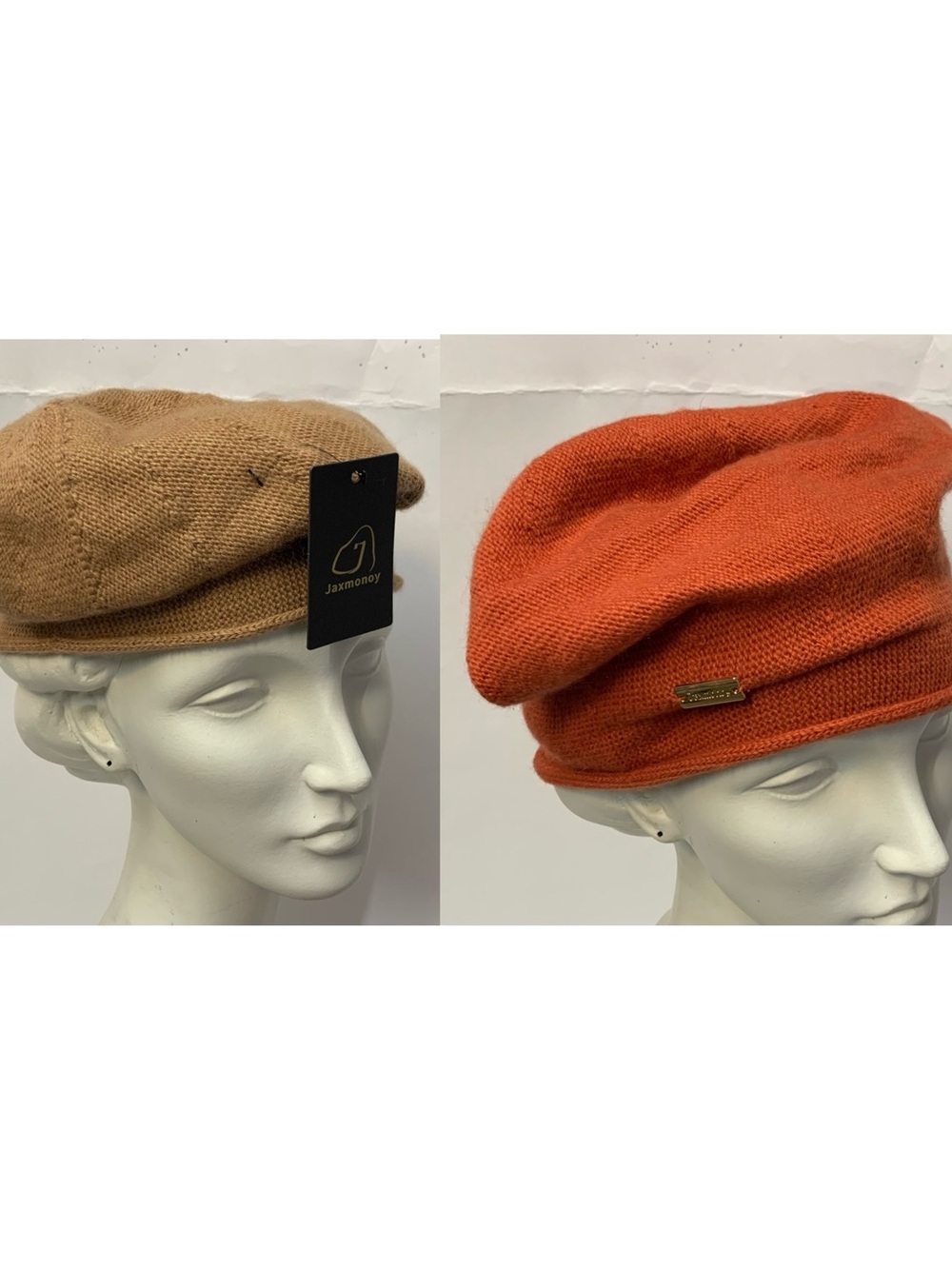 NWT Jaxmonoy Cashmere Blend Slouchy Beret Beanie Hats - Set of 2 Camel & Rust Or